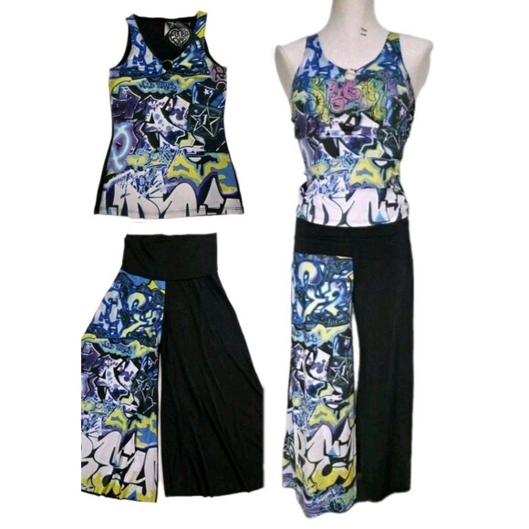 Y2K Funky Diva Super Flare Hip Hop Graffiti Street Dance Capri Pant + Tank Set M - Picture 1 of 16